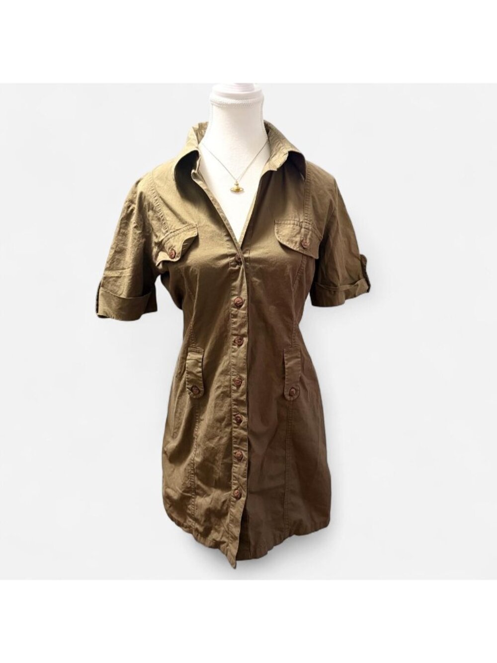 Chic minimalist clean girl Green Khaki button up shirt dress Size 12